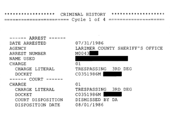 Printed Criminal history record showing what will show on a background check, even if your case is completely dismissed.